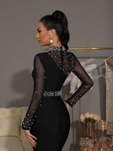 Modphy New Sexy Pearl Decor Fishnet Panel Long Sleeve Bodycon Long Bandage Dress, Elegant Party Formal Evening Gown For Women